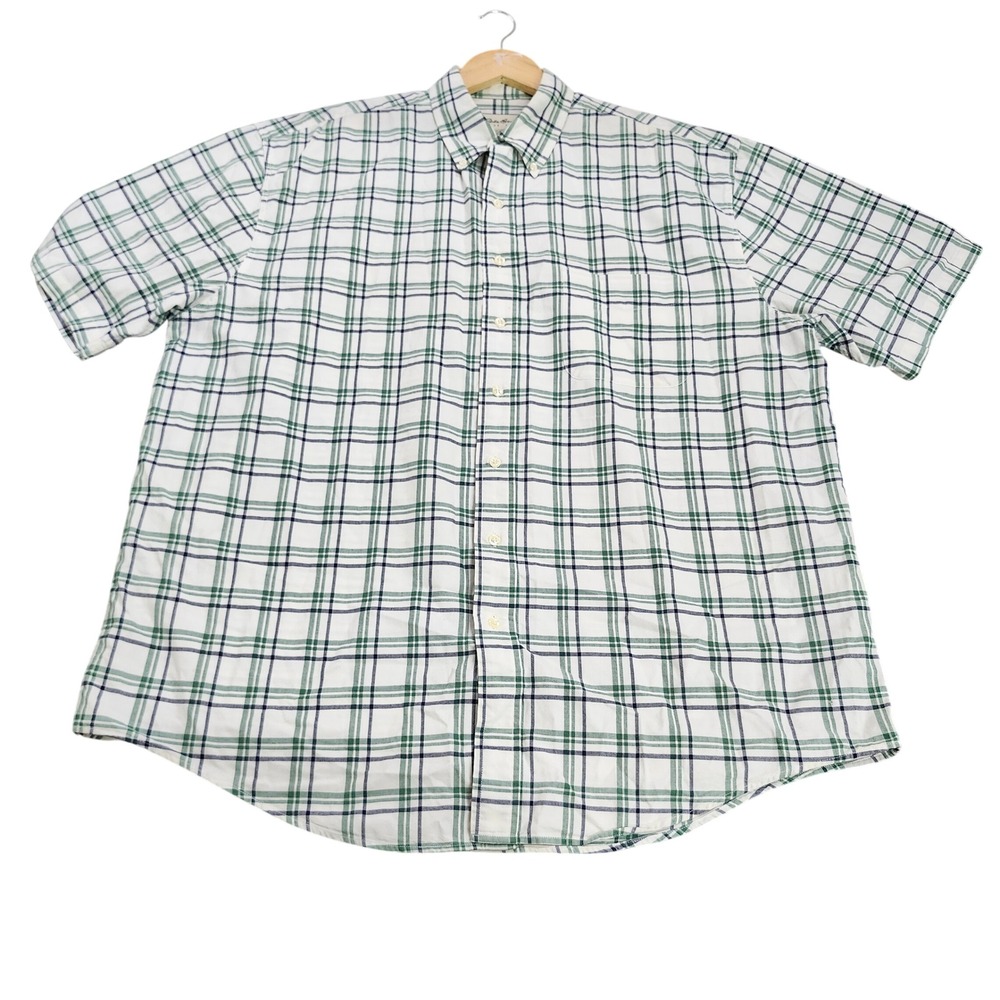 EDDIE BAUER SHIRT MENS XL TALL PLAID WHITE GREEN BUTTON-DOWN EUC